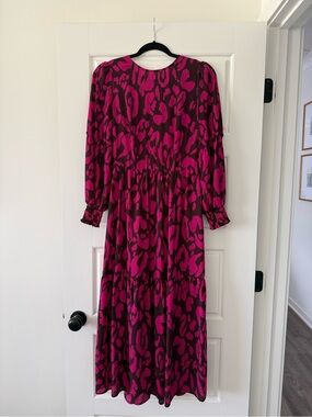 Who What Wear Magenta and Black Printed Long Sleeve Maxi Dress